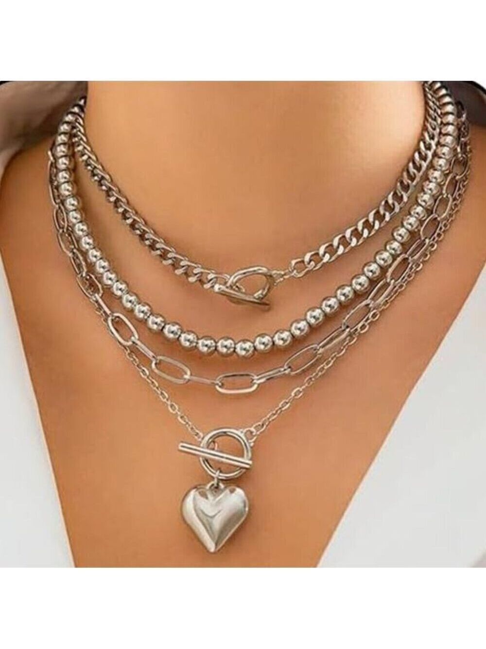 Silver Tone Necklace Women Paperclip Chain Layered 4 Pcs
